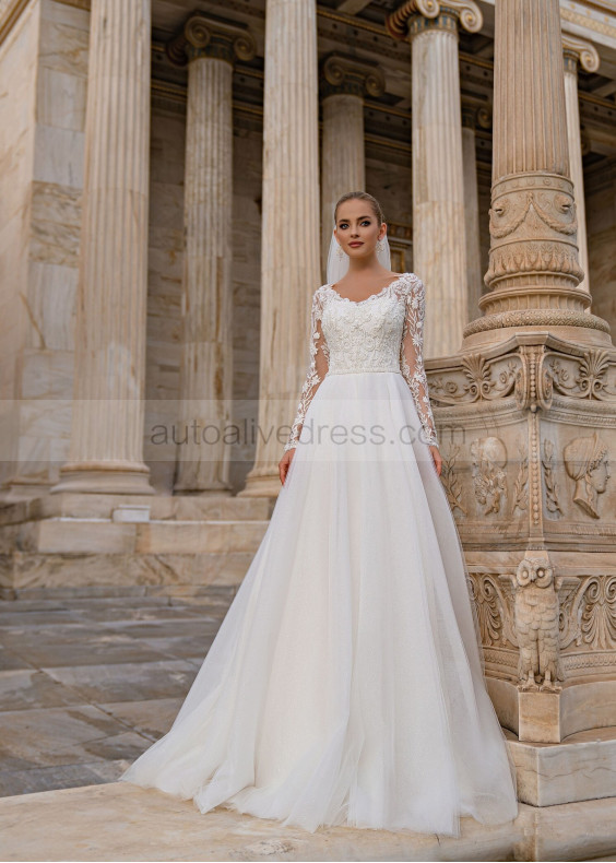 Long Sleeves Beaded Ivory Lace Tulle Shiny Wedding Dress Long Sleeves Beaded Ivory Lace Tulle Shiny Wedding Dress